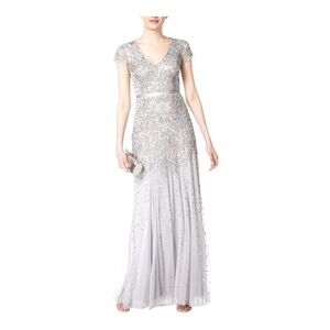 Adrianna Papell Light Gray BeadedSequin Short Sleeve Gown.091891700. Size 10
